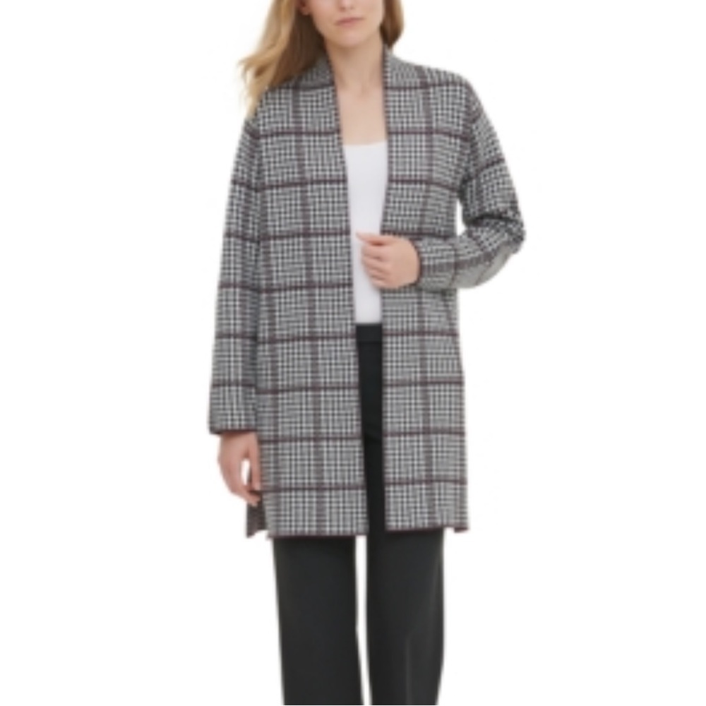 Calvin Klein Printed Open-front Longline Cardigan In Houndstooth Size Medium